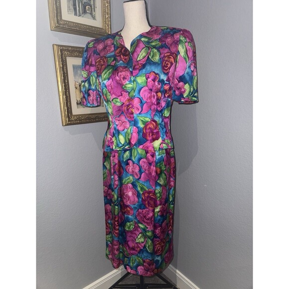 Vtg Adrianna Papell Silk Skirt Top 2 pc Set Sz 8 pink floral Maximalist Wow 90s - Picture 3 of 16